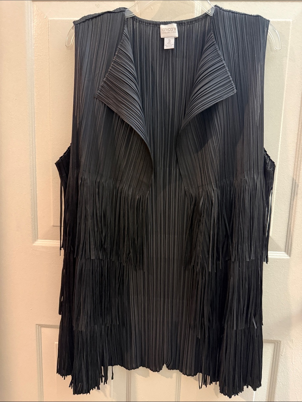 Chico's Black Pleated Fringe Vest. READ SIZE